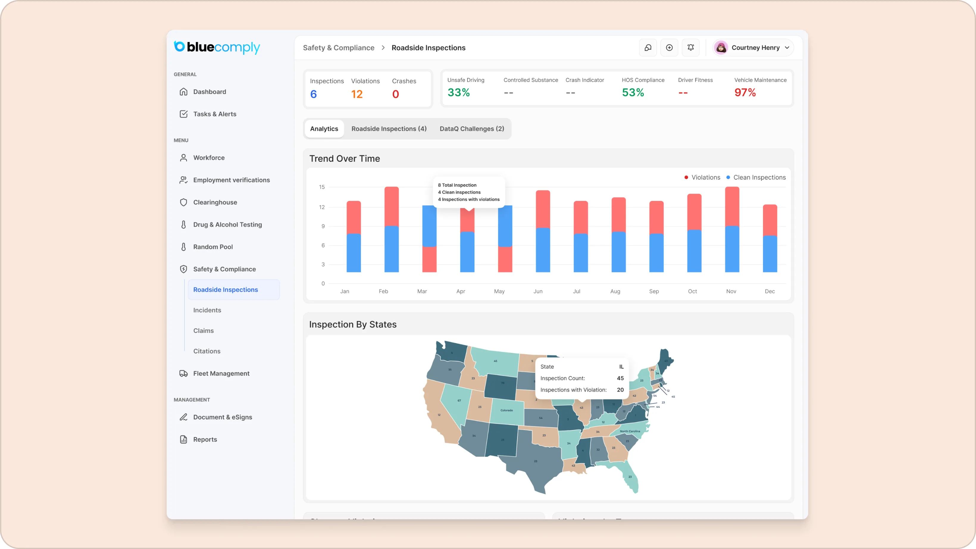 BlueComply data table with color-coded compliance status badges and one-click audit export