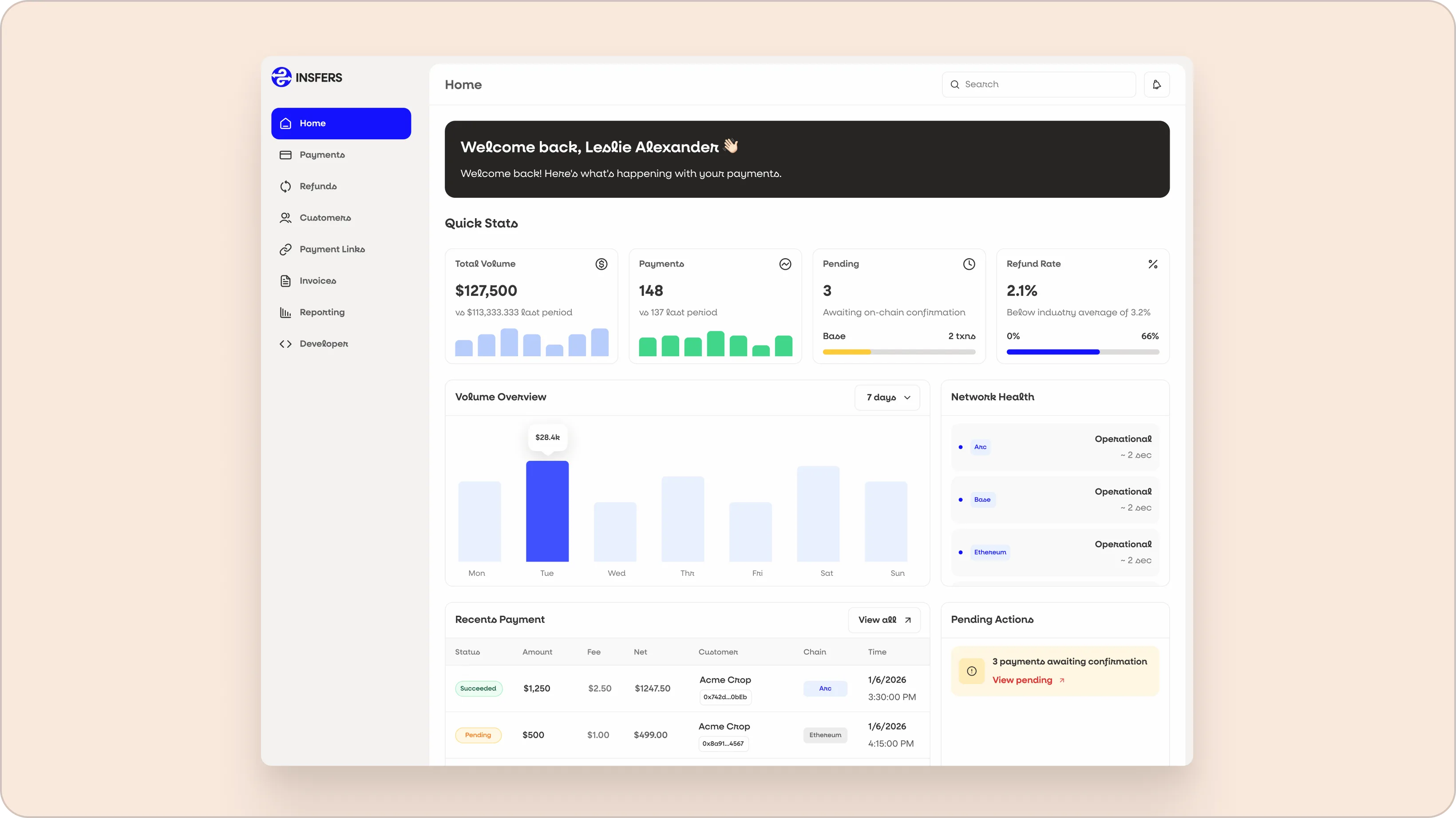 Insfers merchant payments dashboard showing USDC volume, transaction status, and recent payments table