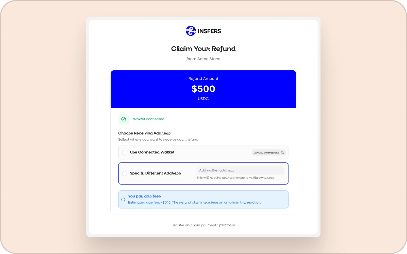 Insfers payment detail view with on-chain confirmation tracker and transaction timeline