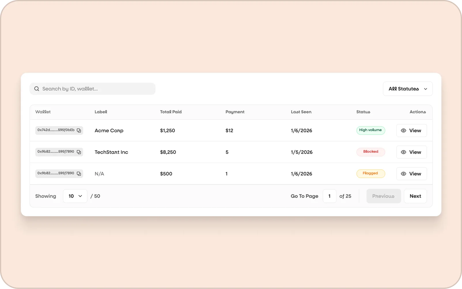 Insfers payments list with status filters, chain badges, and wallet address chips
